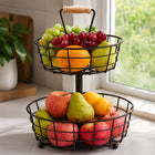2-Tier Fruit Basket Stand with Wooden Carry Handle - Black