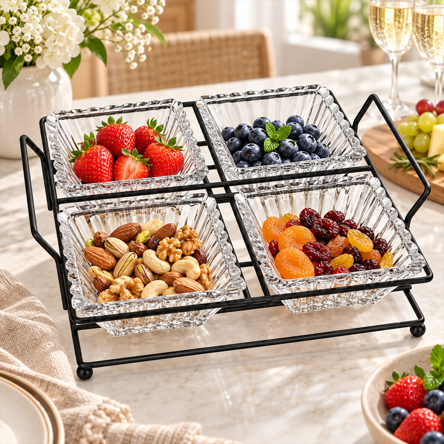 5-Piece Glass Serving Bowl Set with Metal Stand - 250ml