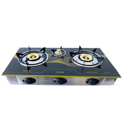 3-Burner Gas Stove with Tempered Glass Panel & Auto-Ignition