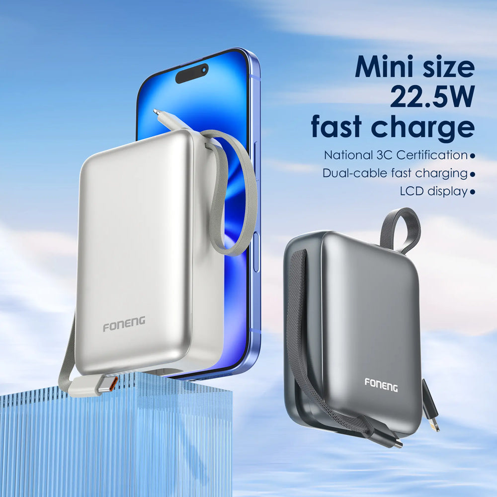 FONENG 10000mAh 22.5W Mini Fast Charging Power Bank with 2 Built-In Cables