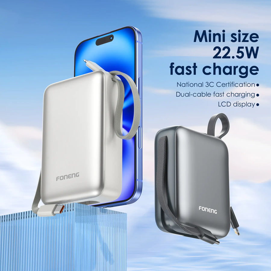 FONENG 10000mAh 22.5W Mini Fast Charging Power Bank with 2 Built-In Cables