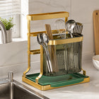 Gold Cutlery Holder with Drip Tray for Kitchen Counter