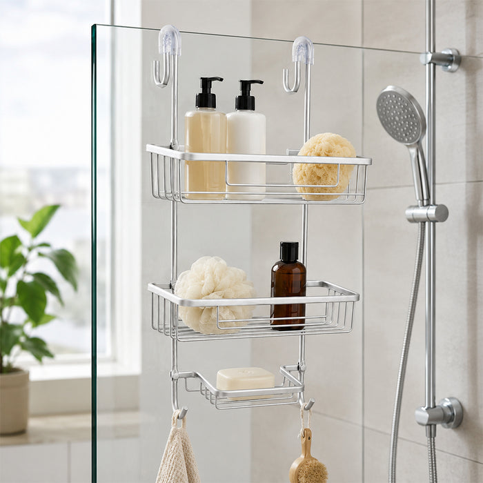 2-Tier Aluminium Hanging Shower Rack with Hooks & Suction Support