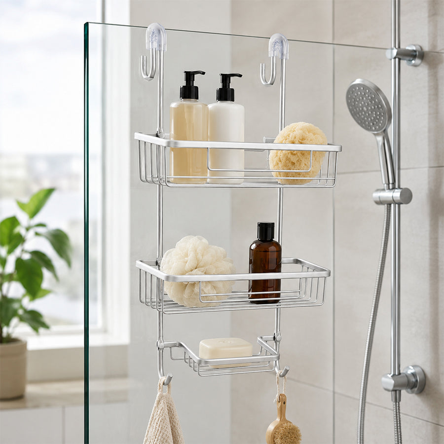 2-Tier Aluminium Hanging Shower Rack with Hooks & Suction Support