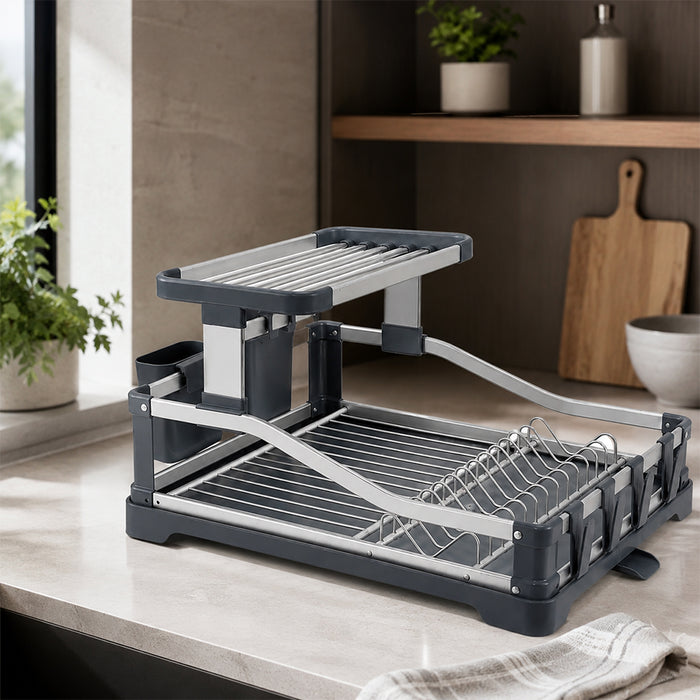 Aluminium 2-Tier Fold Flat Dish Drying Rack with Utensil Holder - Silver & Grey
