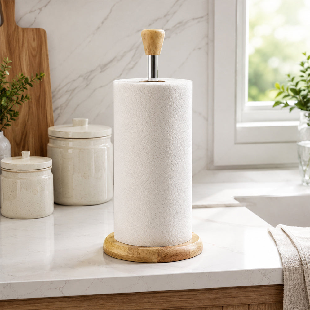 Wooden Countertop Paper Towel Holder with Chrome Rod & Wood Handle