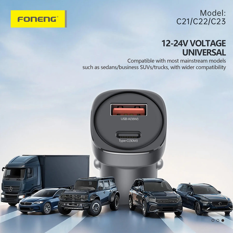 FONENG 30W Dual-Port USB-C & USB-A Zinc Alloy Car Charger