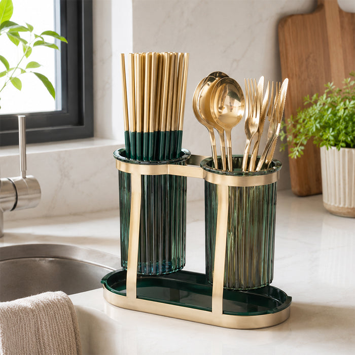 Twin Cup Cutlery and Utensil Holder with Drip Tray - Gold & Green