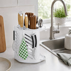 Metal Cutlery and Knife Holder with Drain Tray & Side Hooks - White