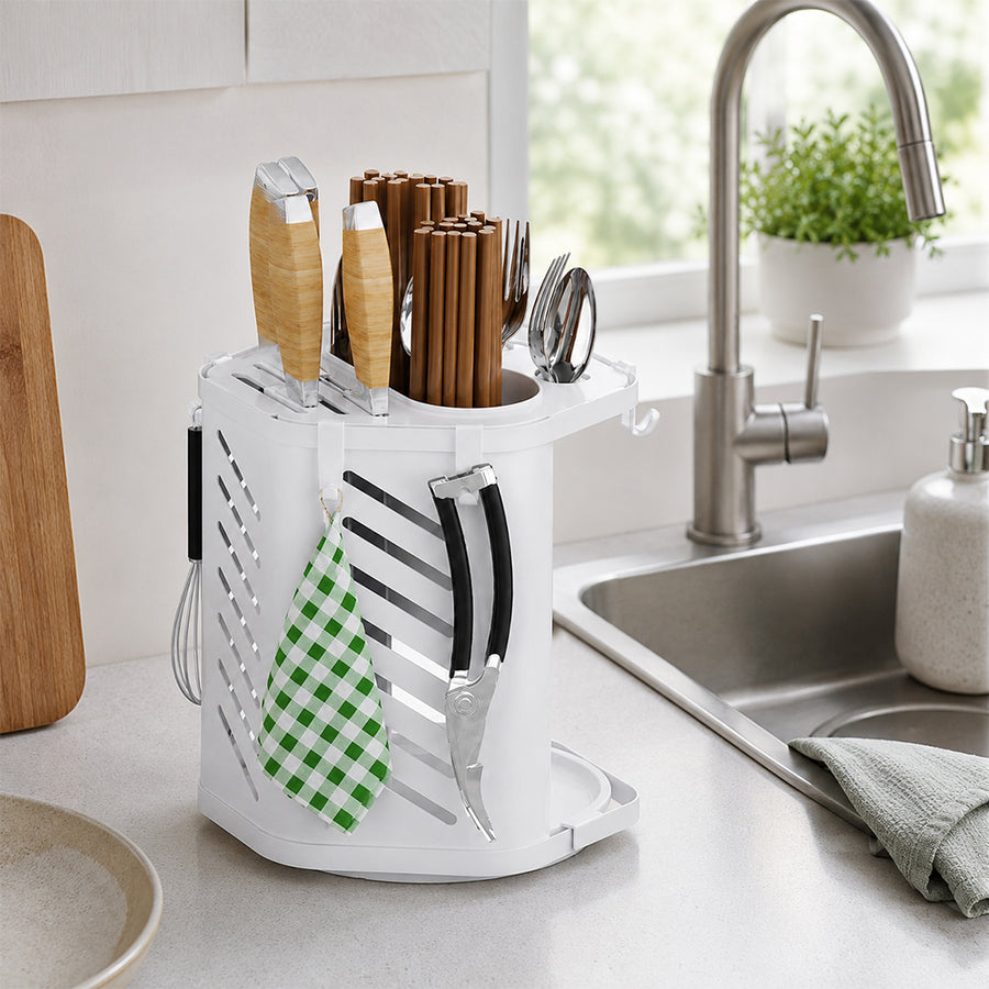 Metal Cutlery and Knife Holder with Drain Tray & Side Hooks - White