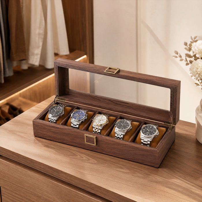 6-Slot Wooden Watch Storage Box with Glass Display Lid