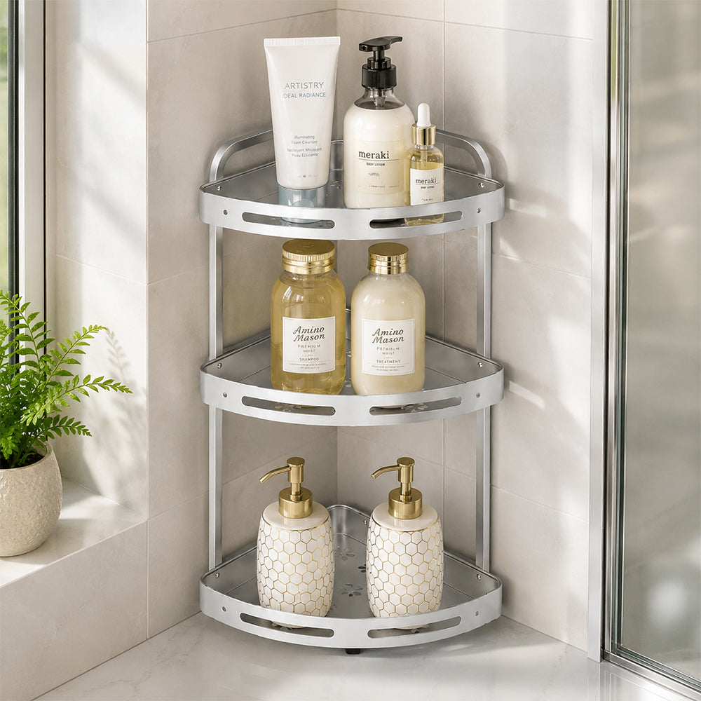 3-Tier Aluminium Corner Shower Bathroom Shelf - Silver