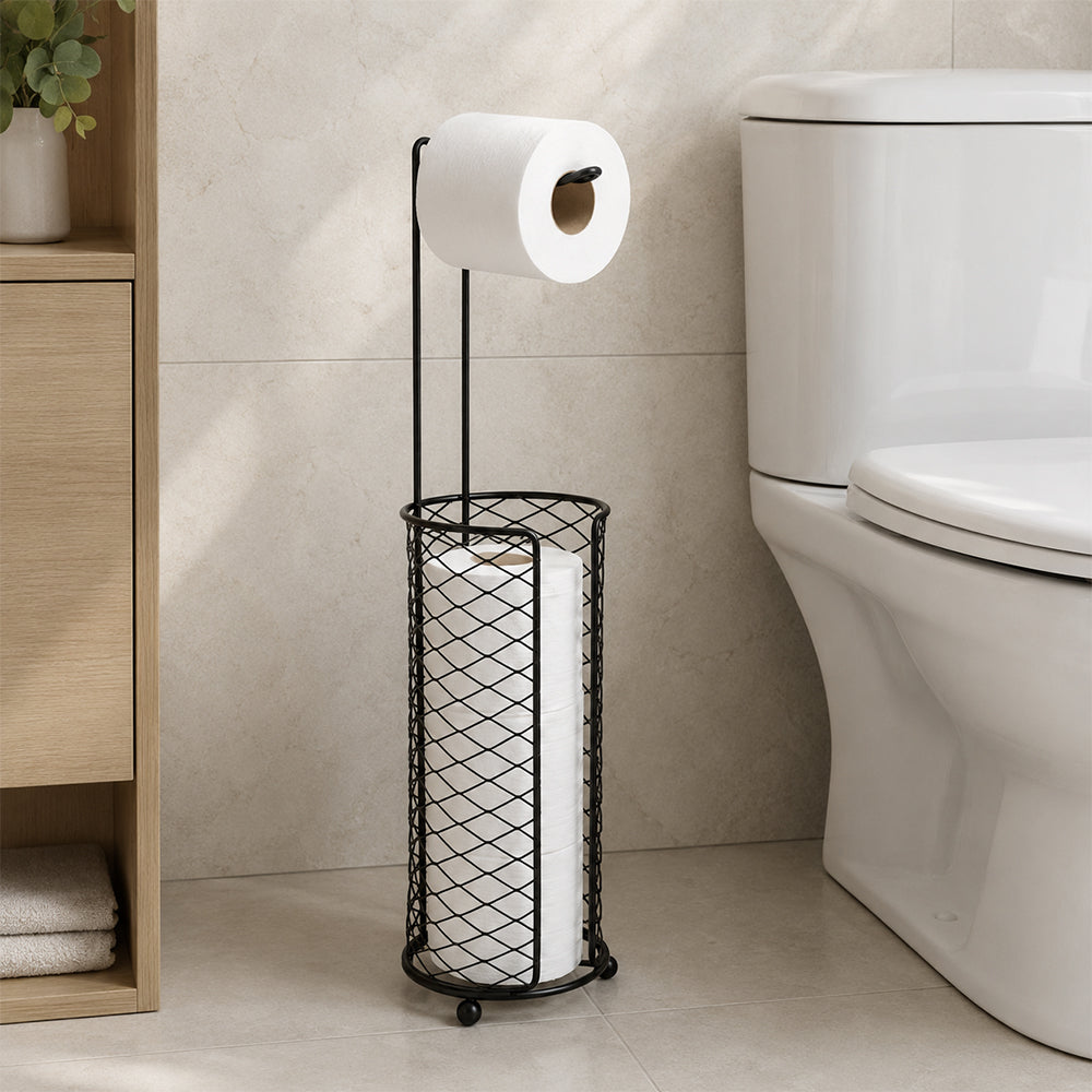 Freestanding Toilet Paper Holder with Storage Basket - Black