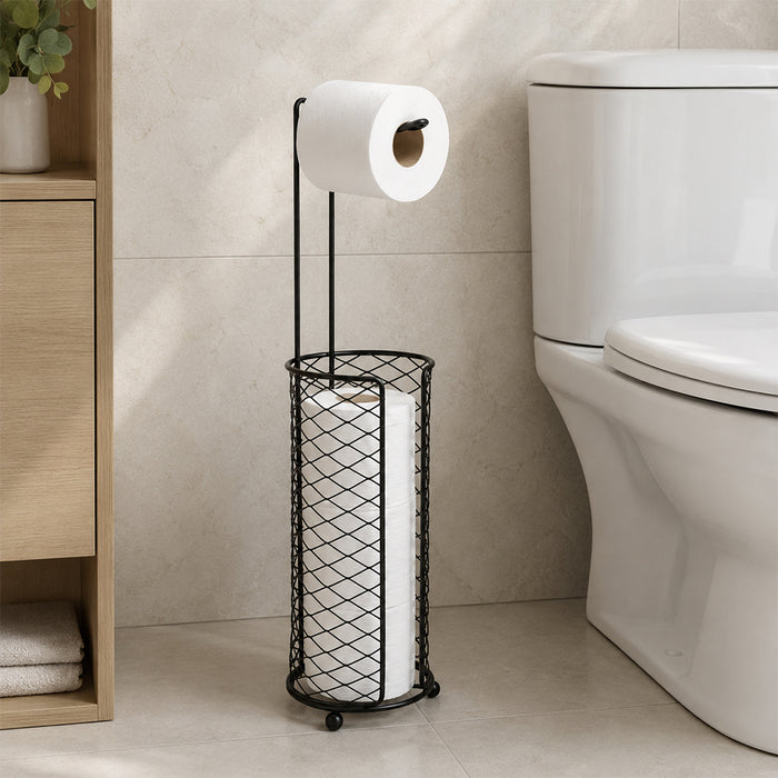 Freestanding Toilet Paper Holder with Storage Basket - Black