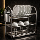 3-Tier Stainless Steel Dish Drying Rack Kitchen Storage Stand - Silver
