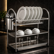 3-Tier Stainless Steel Dish Drying Rack Kitchen Storage Stand - Silver