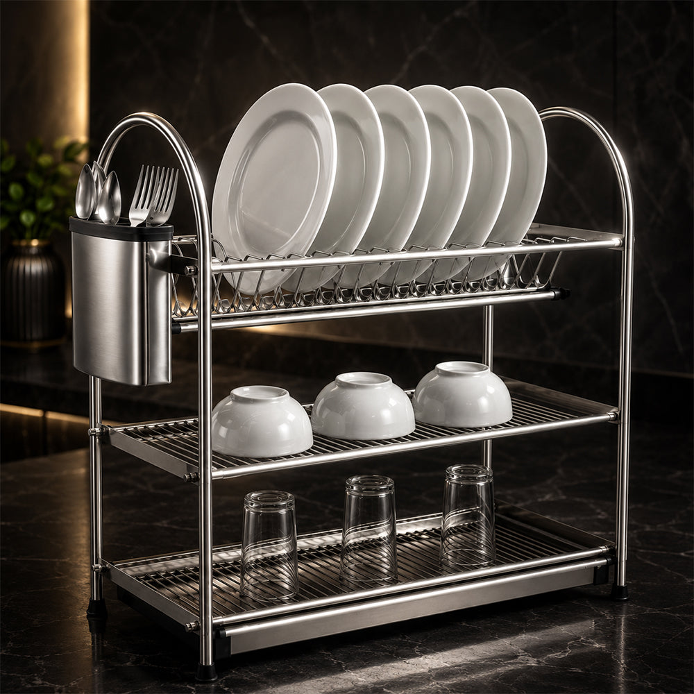 3-Tier Stainless Steel Dish Drying Rack Kitchen Storage Stand - Silver