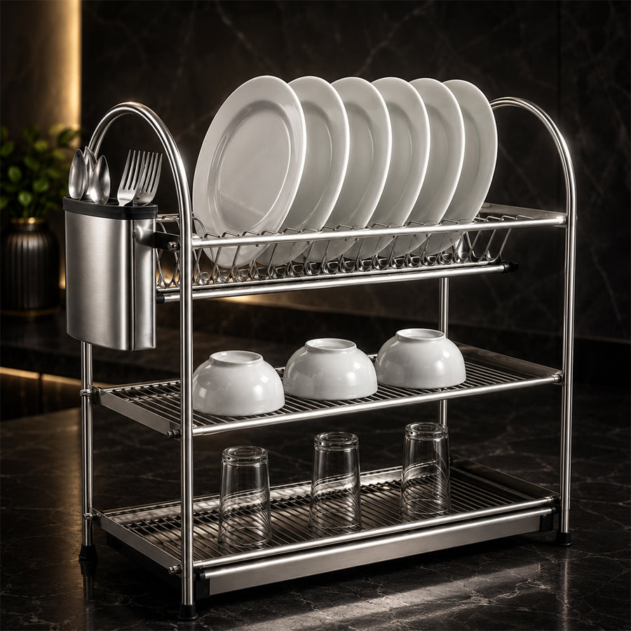 3-Tier Stainless Steel Dish Drying Rack Kitchen Storage Stand - Silver