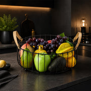 Round Metal Fruit Basket with Wooden Handles - Black