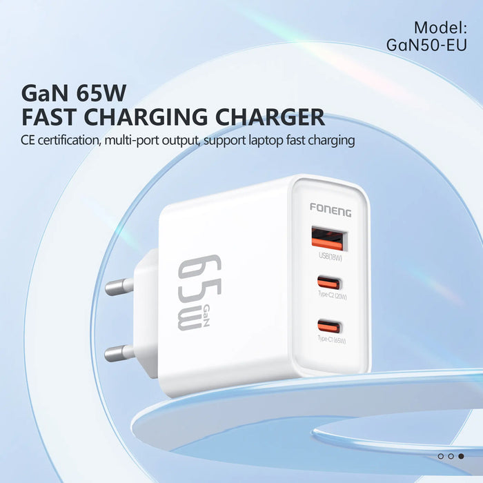 FONENG 65W 3-Port GaN Fast Charger with Type-C to Type-C Cable