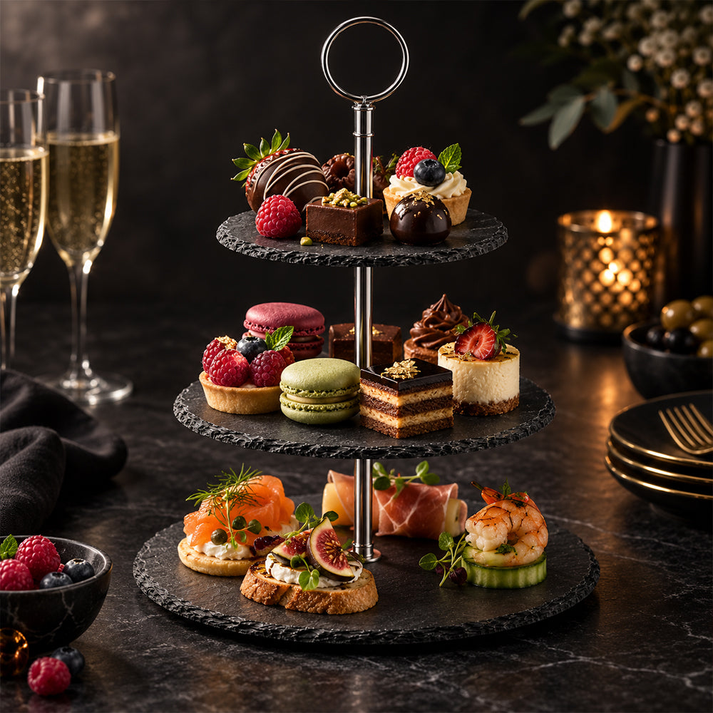 3-Tier Black Stoneware Cake & Dessert Stand - 30cm