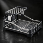Aluminium 2-Tier Fold Flat Dish Drying Rack with Utensil Holder - Silver & Grey