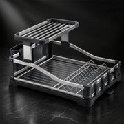 Aluminium 2-Tier Fold Flat Dish Drying Rack with Utensil Holder - Silver & Grey