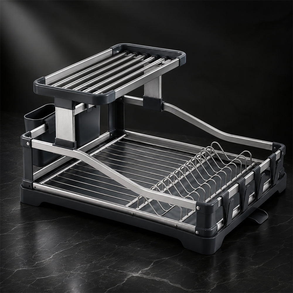 Aluminium 2-Tier Fold Flat Dish Drying Rack with Utensil Holder - Silver & Grey