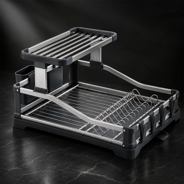 Aluminium 2-Tier Fold Flat Dish Drying Rack with Utensil Holder - Silver & Grey