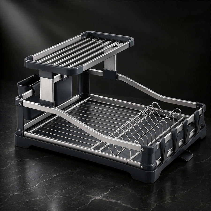 Aluminium 2-Tier Fold Flat Dish Drying Rack with Utensil Holder - Silver & Grey