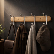Wood & Chrome 4-Hook Wall Coat Rack for Keys, Bags & Towels