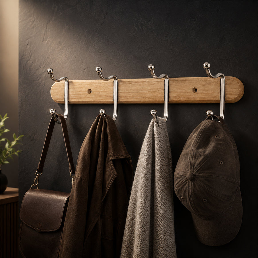 Wood & Chrome 4-Hook Wall Coat Rack for Keys, Bags & Towels