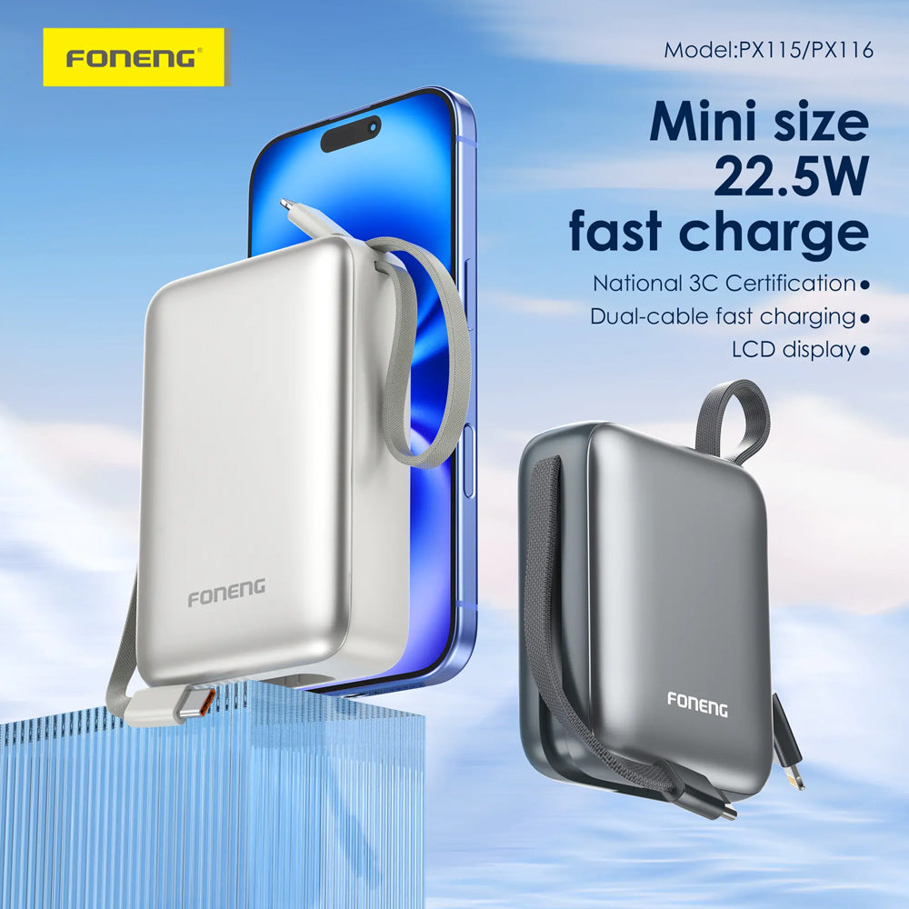 FONENG PX116 20000mAh 22.5W Power Bank with Built-In Cables
