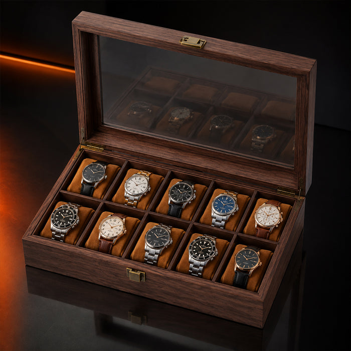 10-Slot Wooden Watch Storage Box with Glass Display Lid