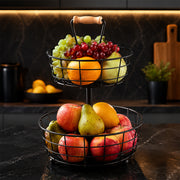 2-Tier Fruit Basket Stand with Wooden Carry Handle - Black