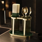 Twin Cup Cutlery and Utensil Holder with Drip Tray - Gold & Green