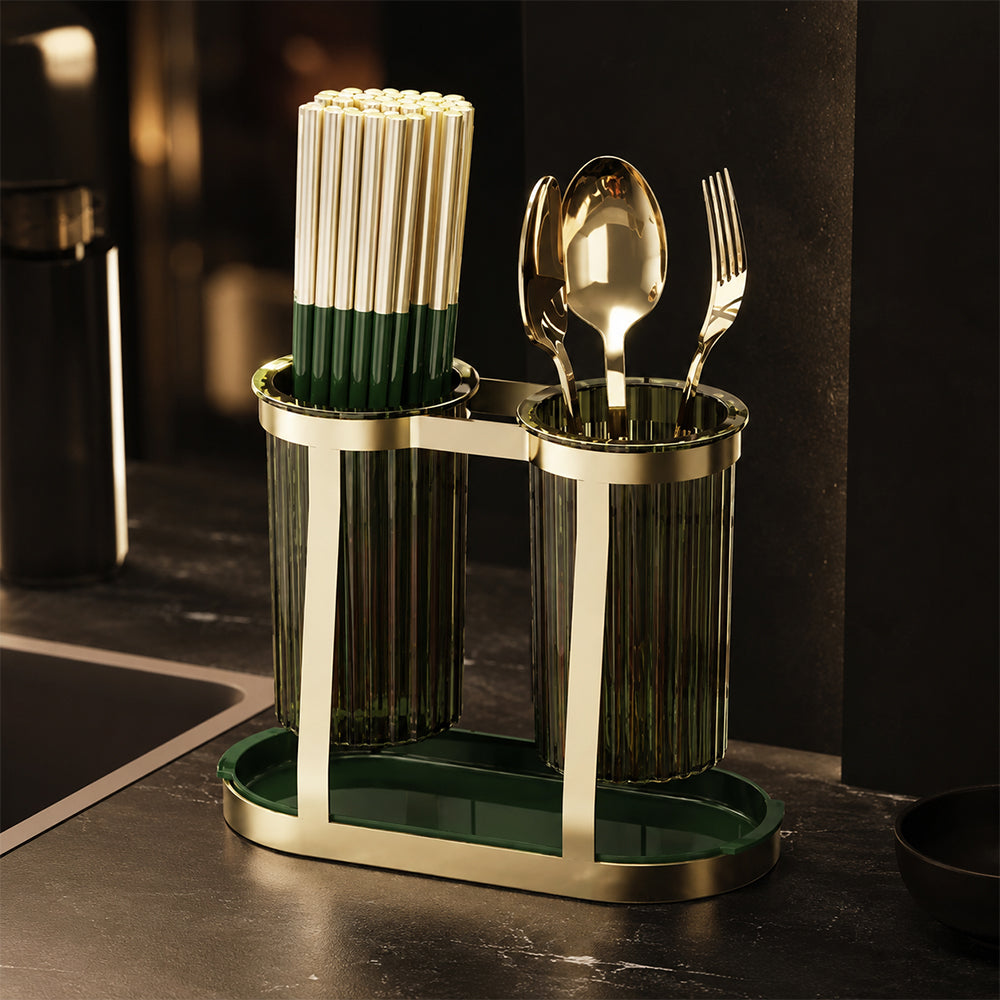 Twin Cup Cutlery and Utensil Holder with Drip Tray - Gold & Green