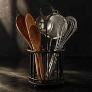 Black Steel Kitchen Utensil Holder with Drain Base for Cooking Tools