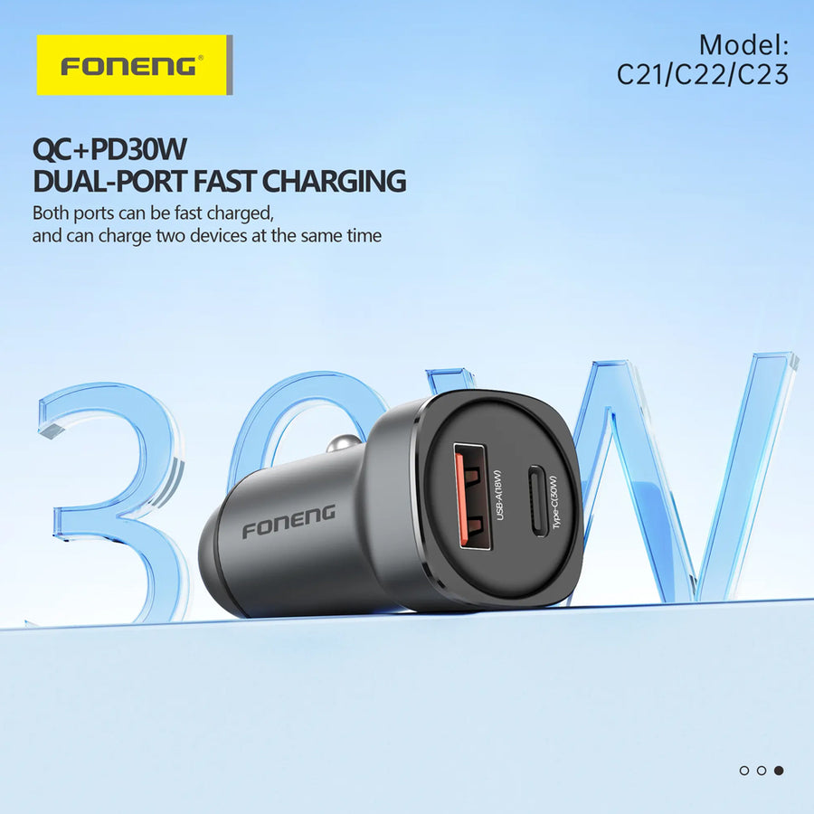 FONENG 30W Dual-Port USB-C & USB-A Zinc Alloy Car Charger