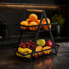 2-Tier Countertop Fruit Basket with Wooden Handle – Black Metal Kitchen Storage Rack
