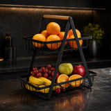 2-Tier Countertop Fruit Basket with Wooden Handle – Black Metal Kitchen Storage Rack