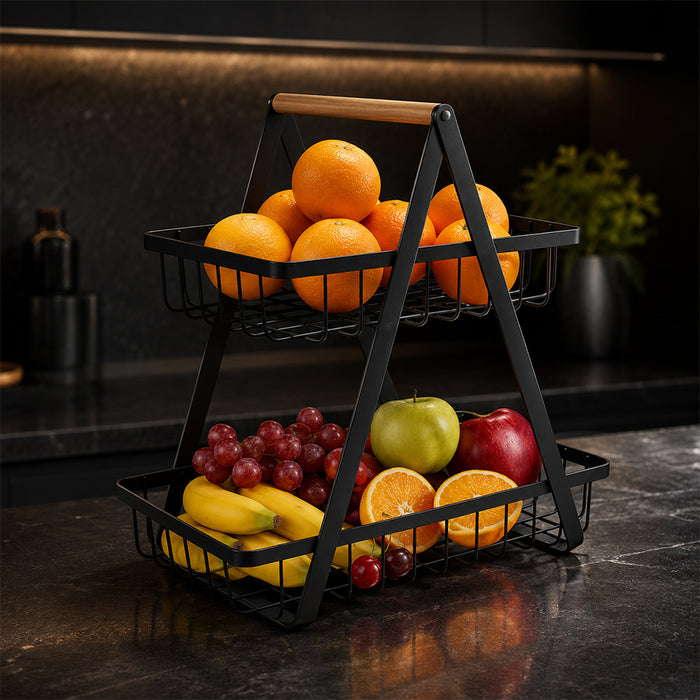 2-Tier Countertop Fruit Basket with Wooden Handle – Black Metal Kitchen Storage Rack