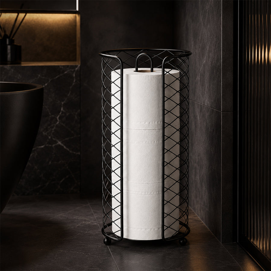 Freestanding Toilet Paper Roll Holder with Storage Stand - Black