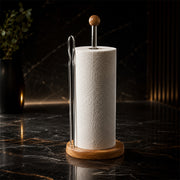 Wooden Countertop Paper Towel Holder with Chrome Rod & Side Support