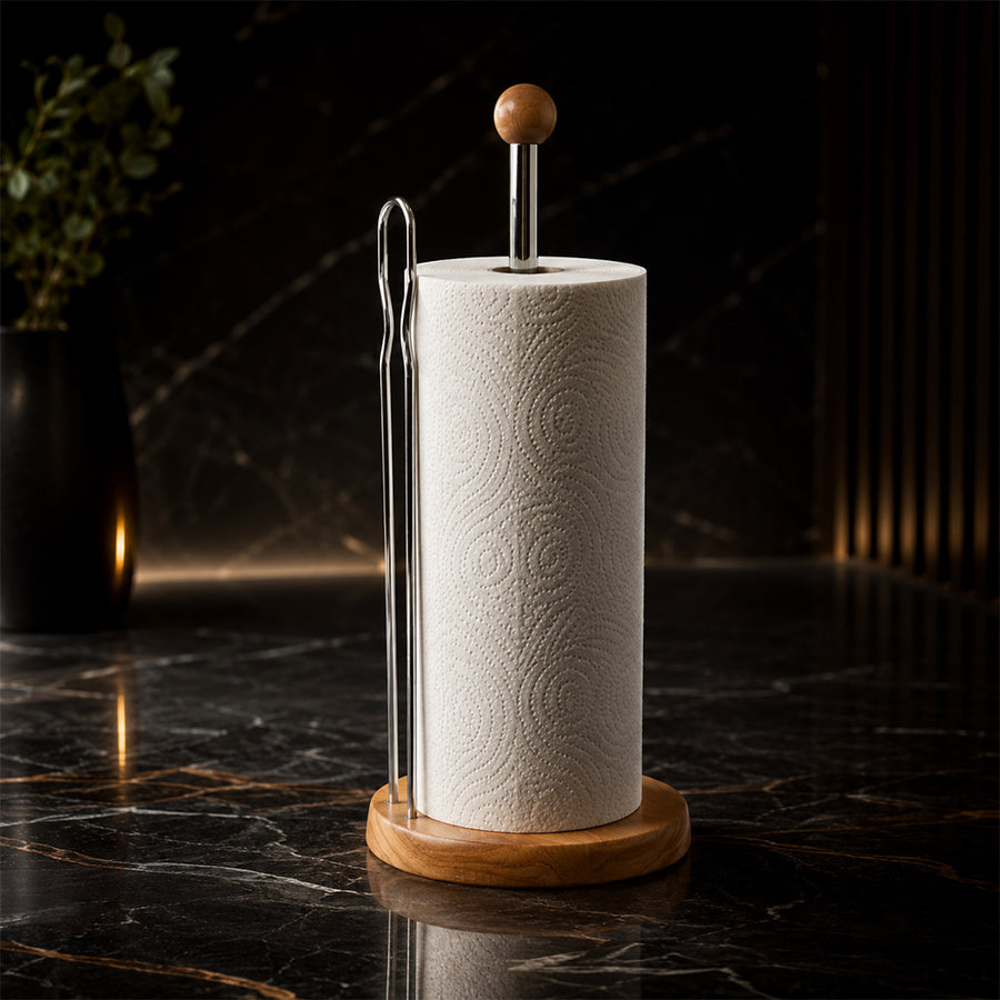 Wooden Countertop Paper Towel Holder with Chrome Rod & Side Support
