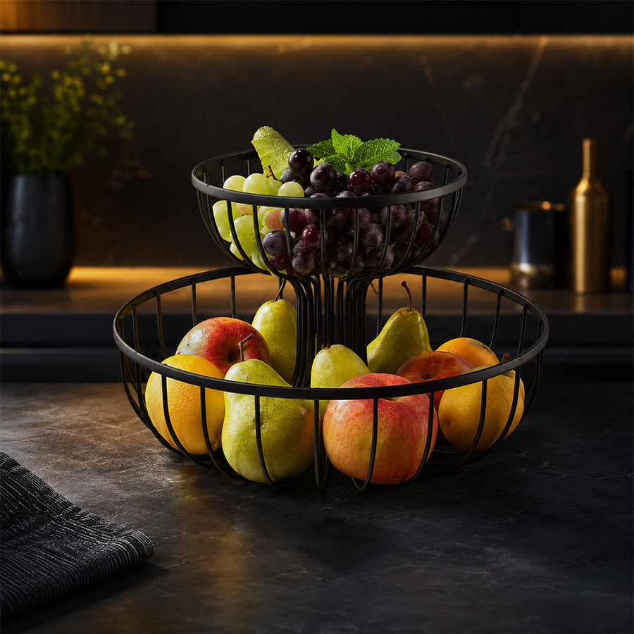 2-Tier Round Fruit Basket Stand – Black Metal Countertop Fruit Bowl