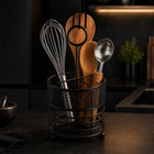 Steel Kitchen Utensil Holder with Mesh Drain Base for Cooking Tools - Black