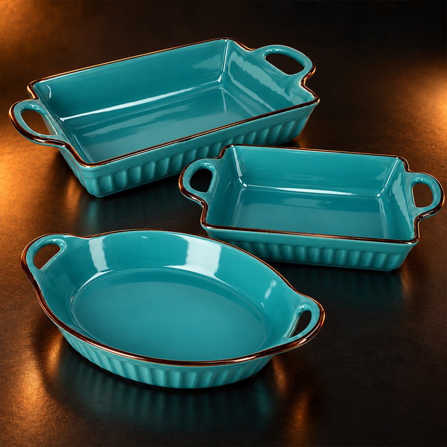 3-Piece Turquoise Ceramic Casserole Bakeware Set