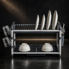 Aluminium 2-Tier Dish Drying Rack with Cutlery & Cup Holders - Silver & Grey