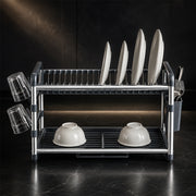 Aluminium 2-Tier Dish Drying Rack with Cutlery & Cup Holders - Silver & Grey